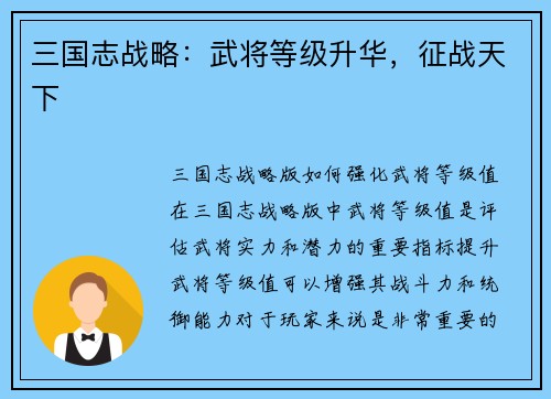 三国志战略：武将等级升华，征战天下